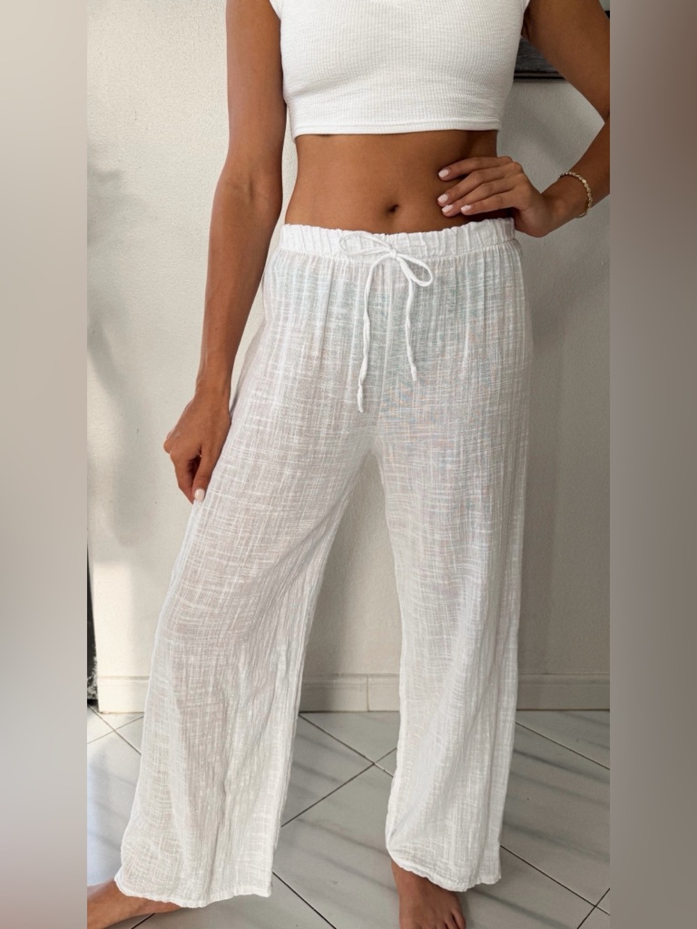Lightweight White Drawstring Wide-Leg Pants